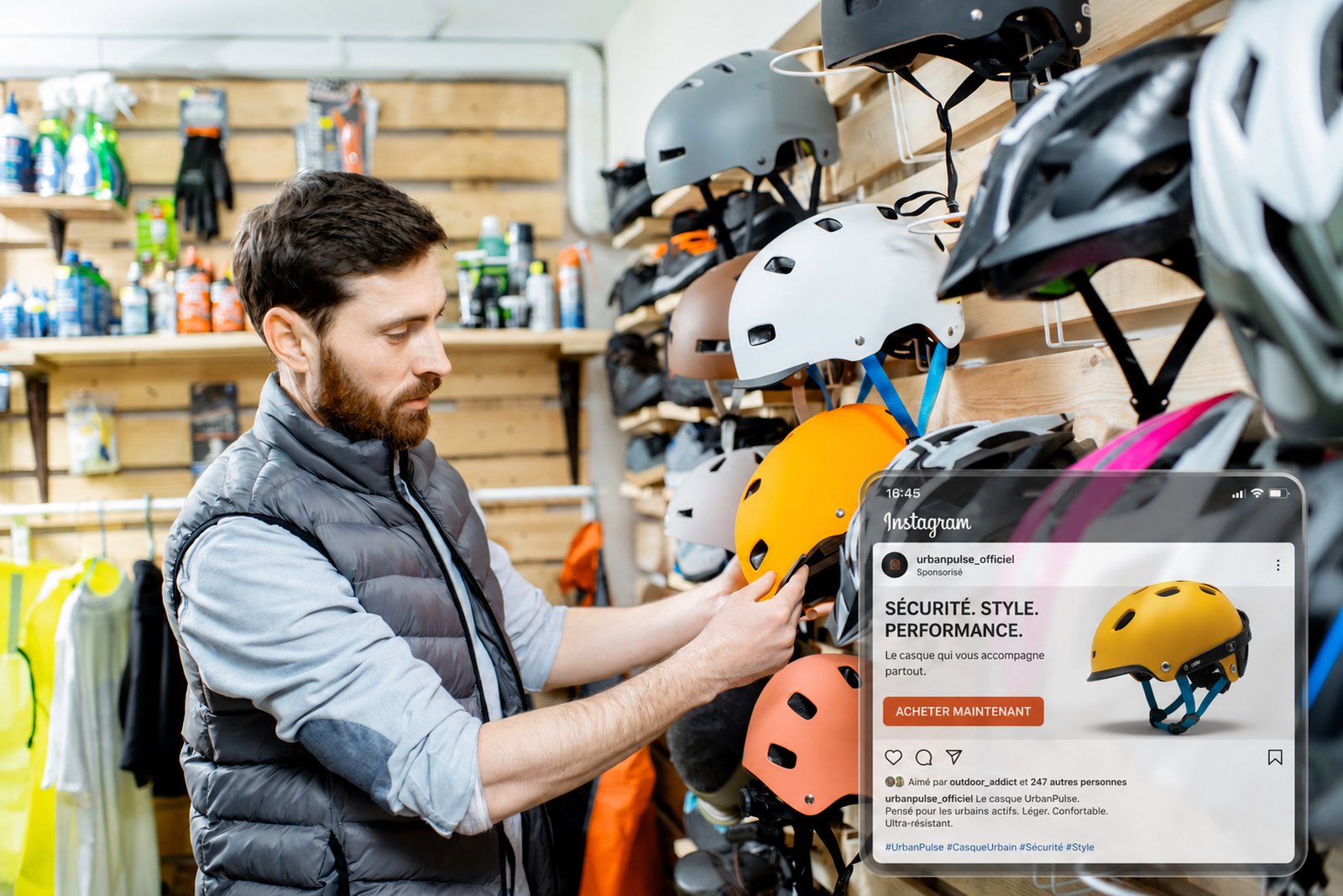 Client essayant un casque de vélo en magasin de sport, avec publicité Instagram e-commerce du produit