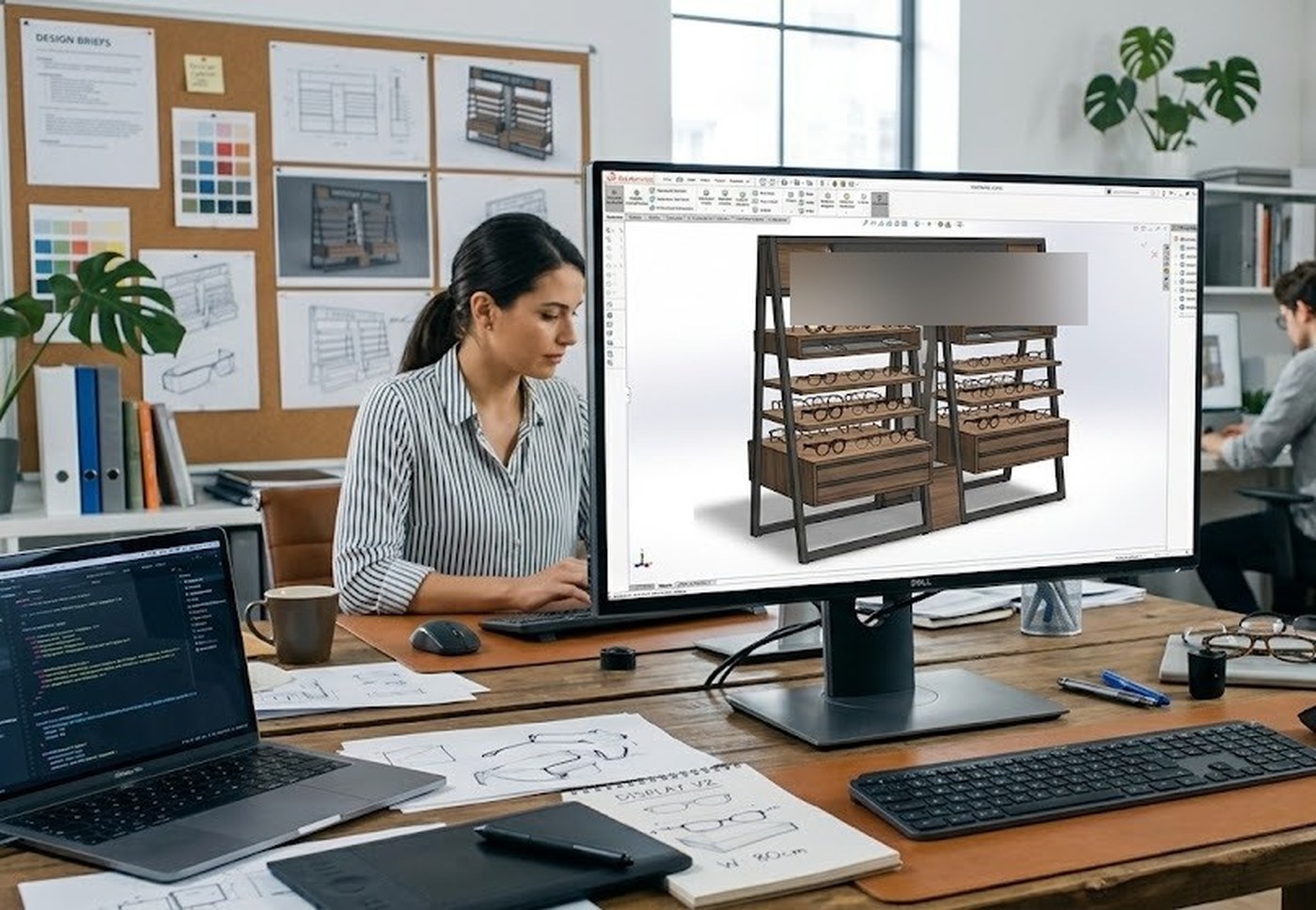Rendu 3D d'un présentoir PLV affiché sur écran, bureau d'étude