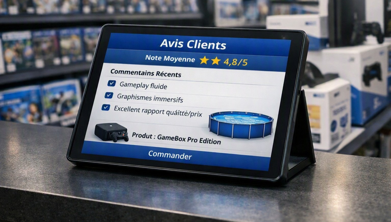 Tablette affichant des avis clients en magasin