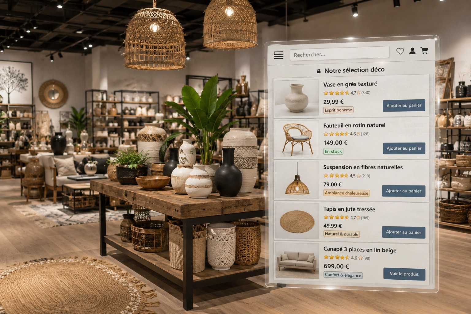Salle à manger décorée avec recommandations produits et prix générés par IA : table, chaise design, suspension, avis clients