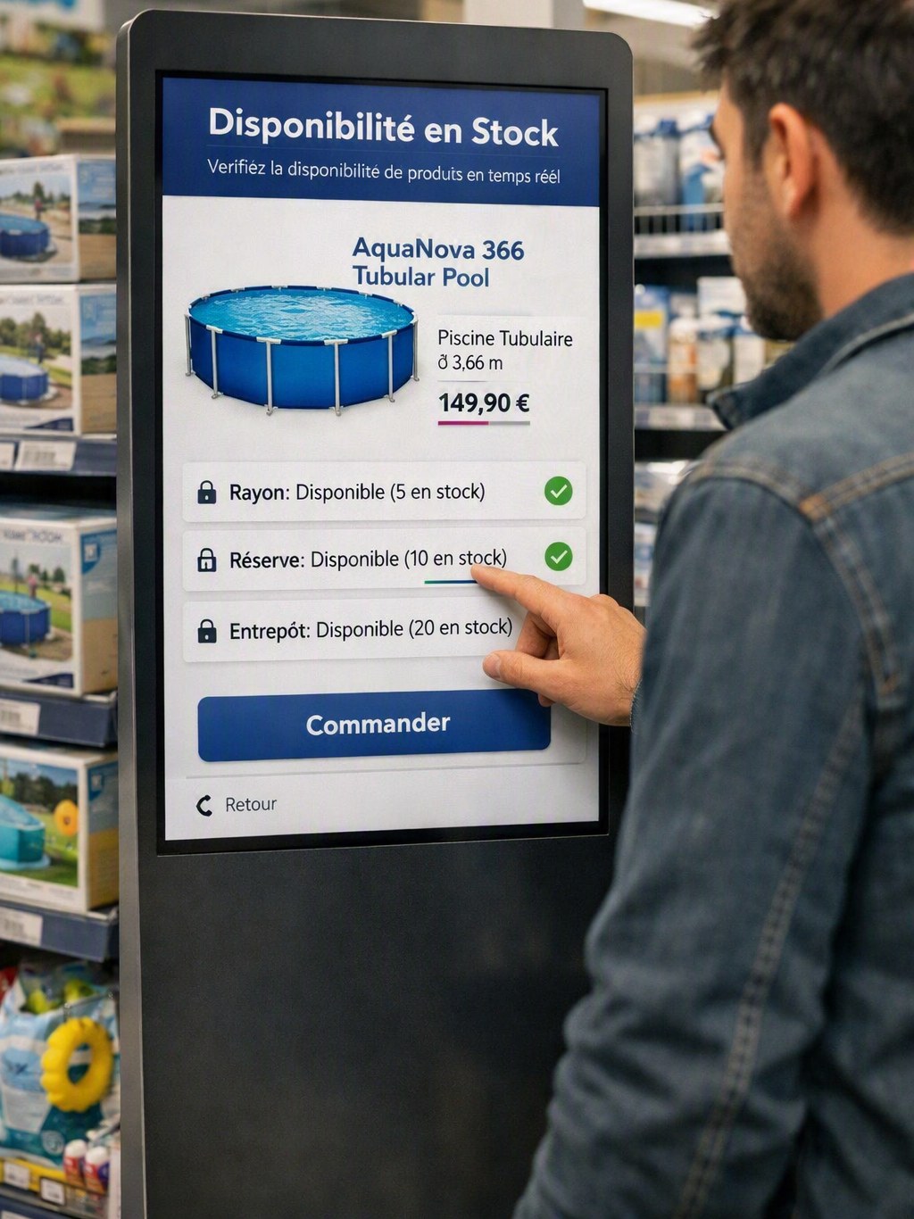 Écran interactif en magasin affichant la disponibilité du stock en temps réel