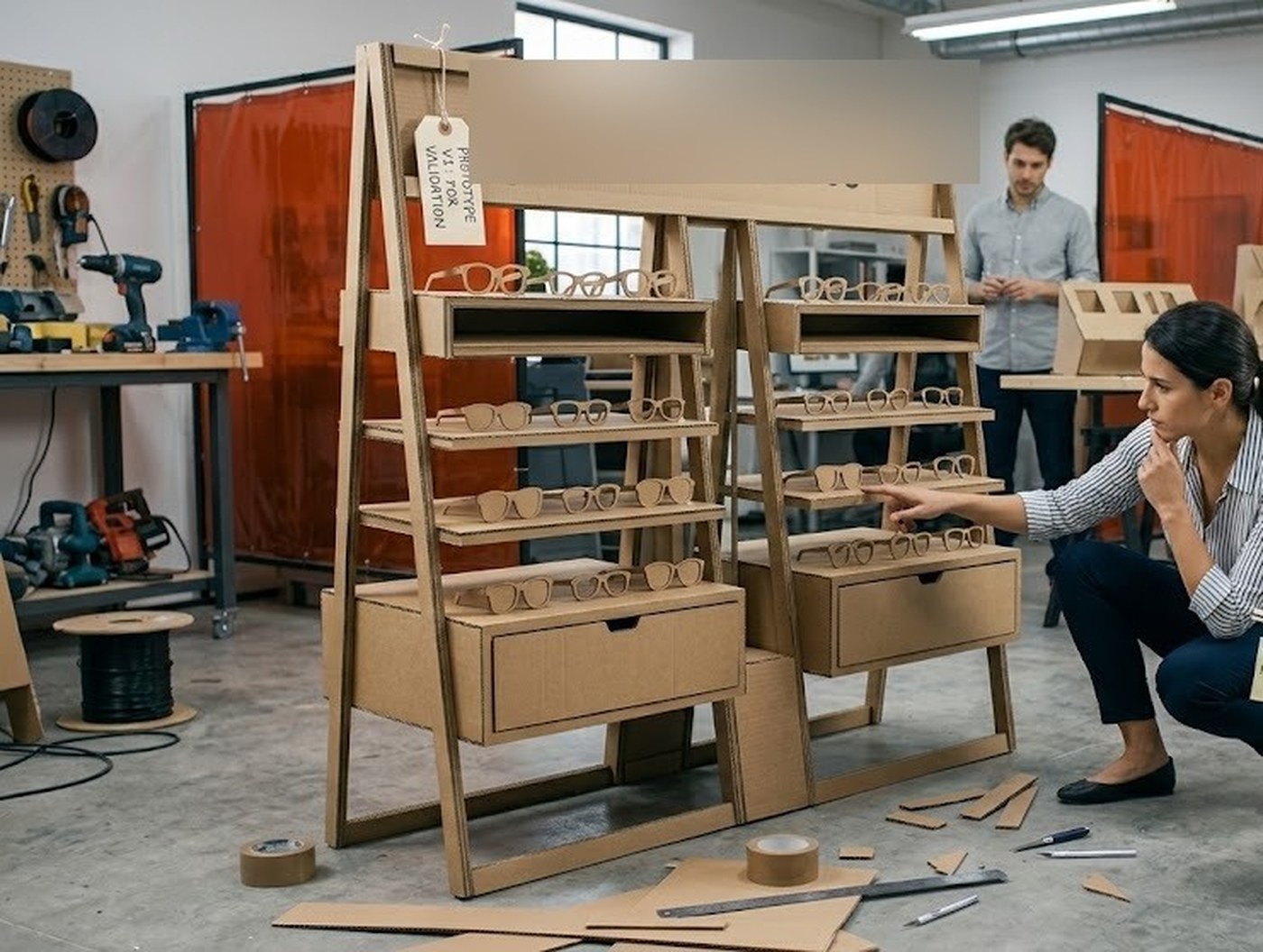 Maquette d'un présentoir en cours de validation sur une table d'atelier