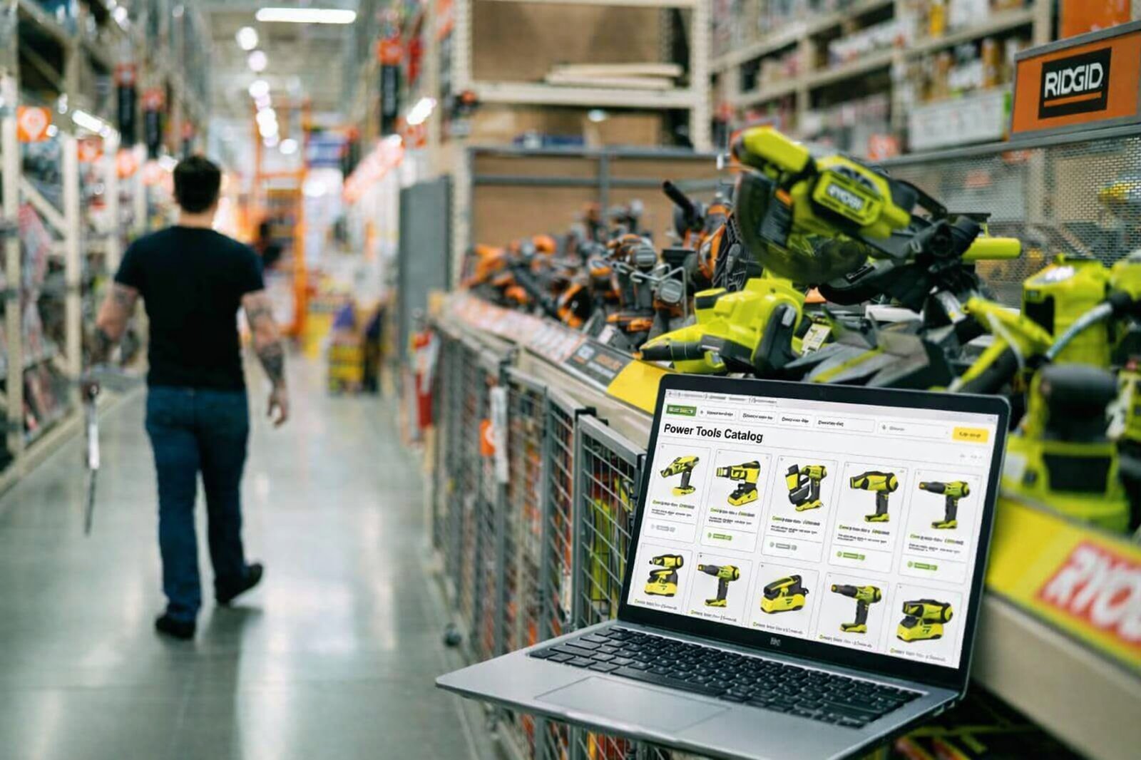 Rayon bricolage et jardin en magasin, avec catalogue produits e-commerce sur ordinateur portable