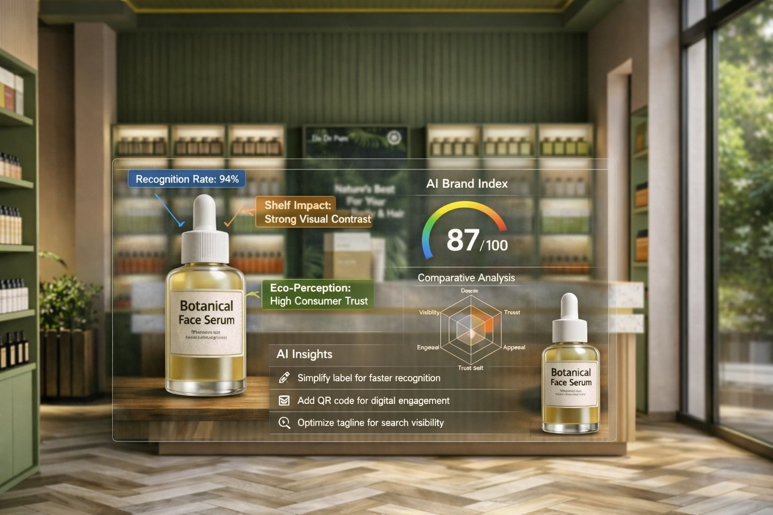 Sérum botanique en rayon pharmacie avec analyse IA du merchandising : reconnaissance produit, impact visuel et score de marque