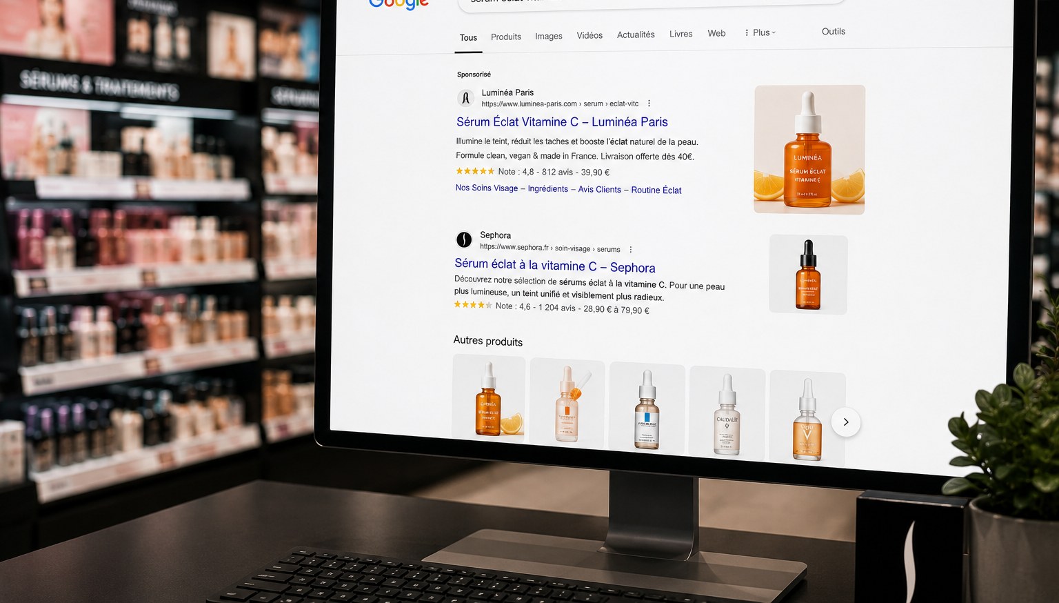 Résultats de recherche Google pour un produit, rayon correspondant en arrière-plan
