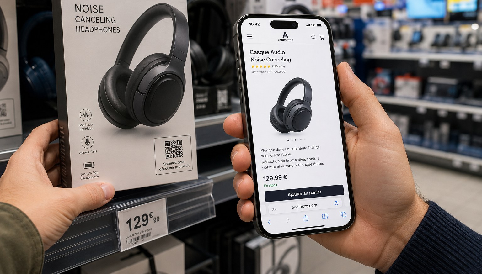 Client scannant un QR code produit en magasin, fiche produit e-commerce affichée sur smartphone